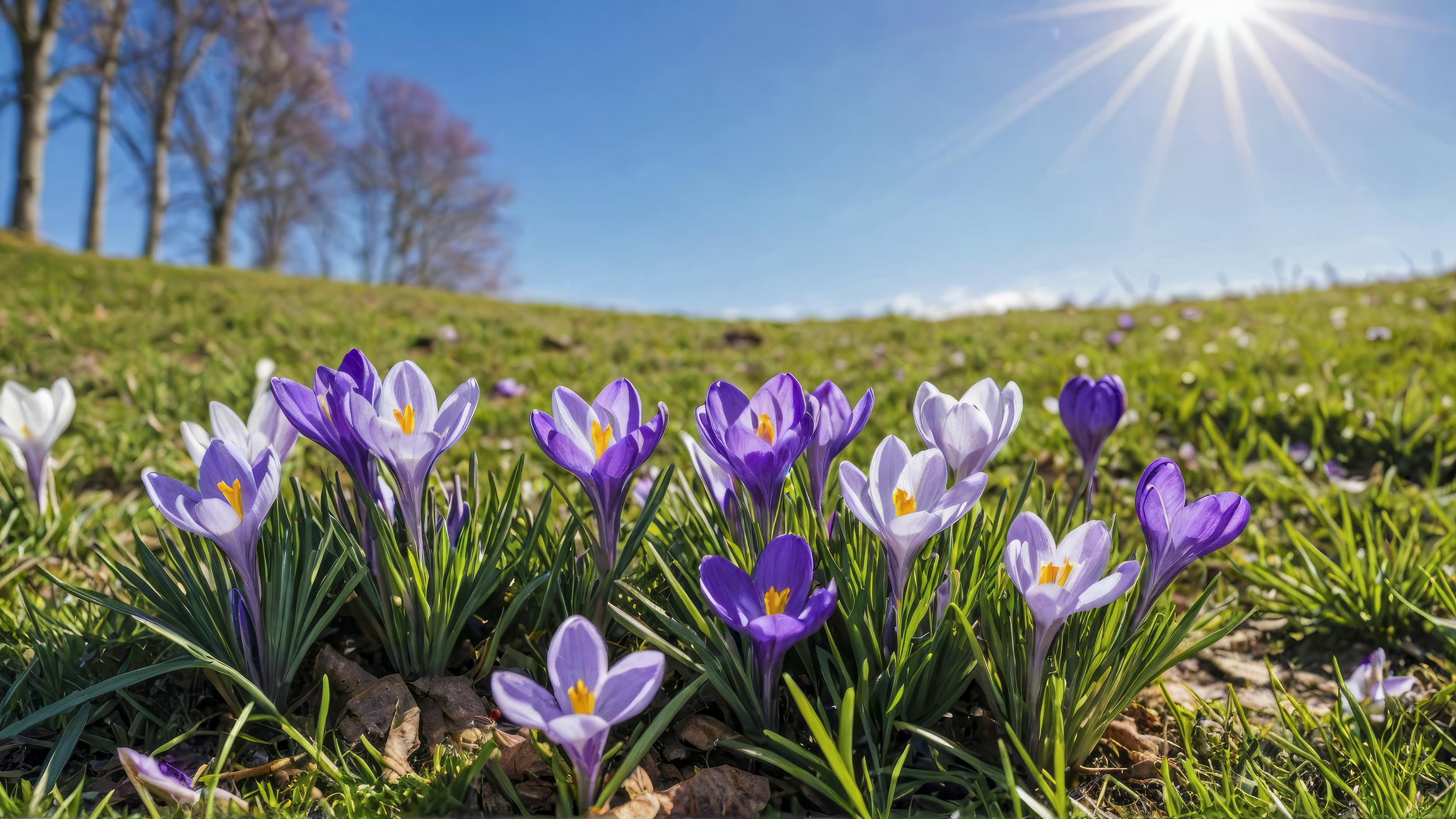 Early spring purple flowers bloom on a sunny day.